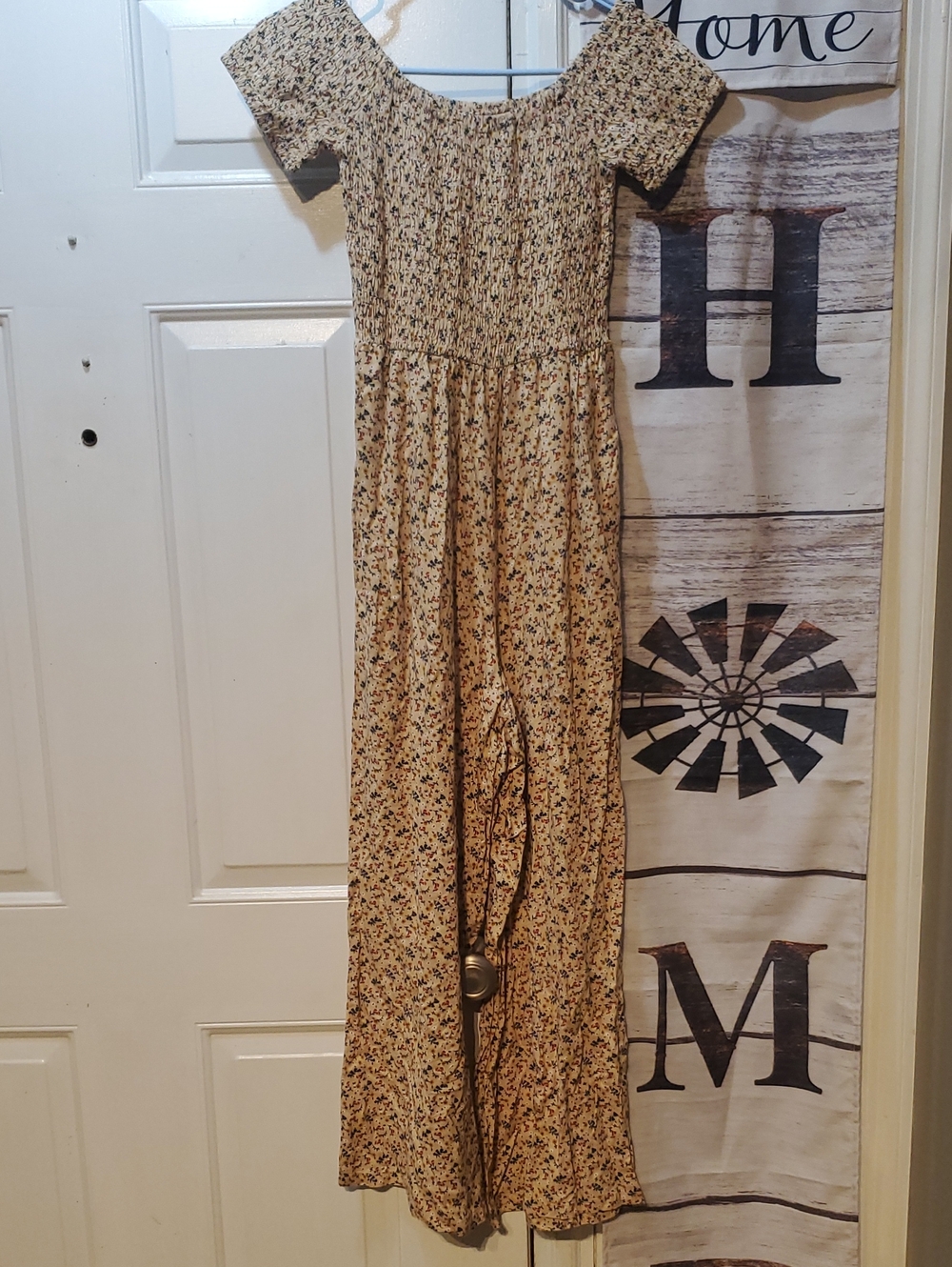 Mimi Chica Cream Floral Off-Shoulder Smocked Jumpsuit